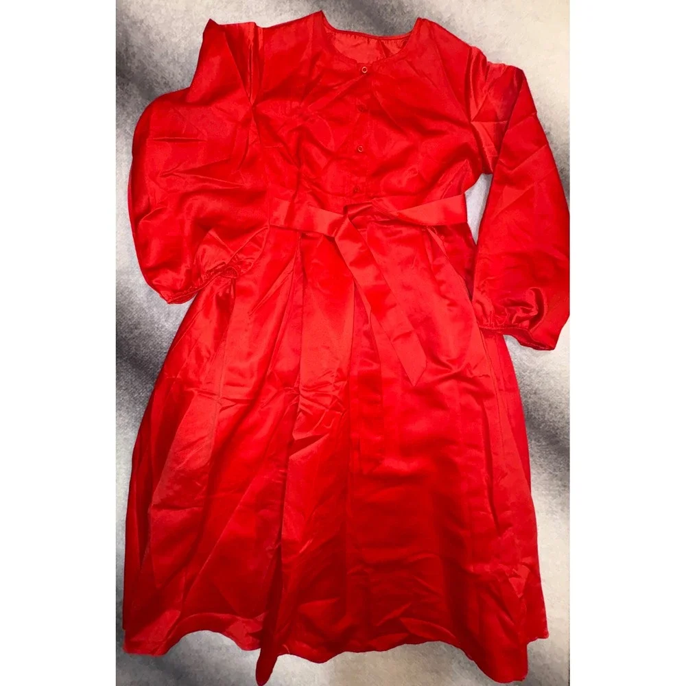 Red Satin Lantern Sleeve Midi Dress‎ XL Button Front Belted A-Line Formal Party